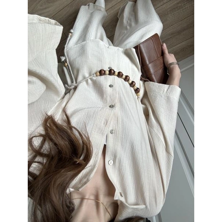 Bohem Kemerli Krinkıl Krem Oversize Takım