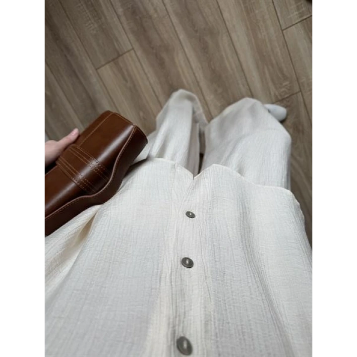 Bohem Kemerli Krinkıl Krem Oversize Takım