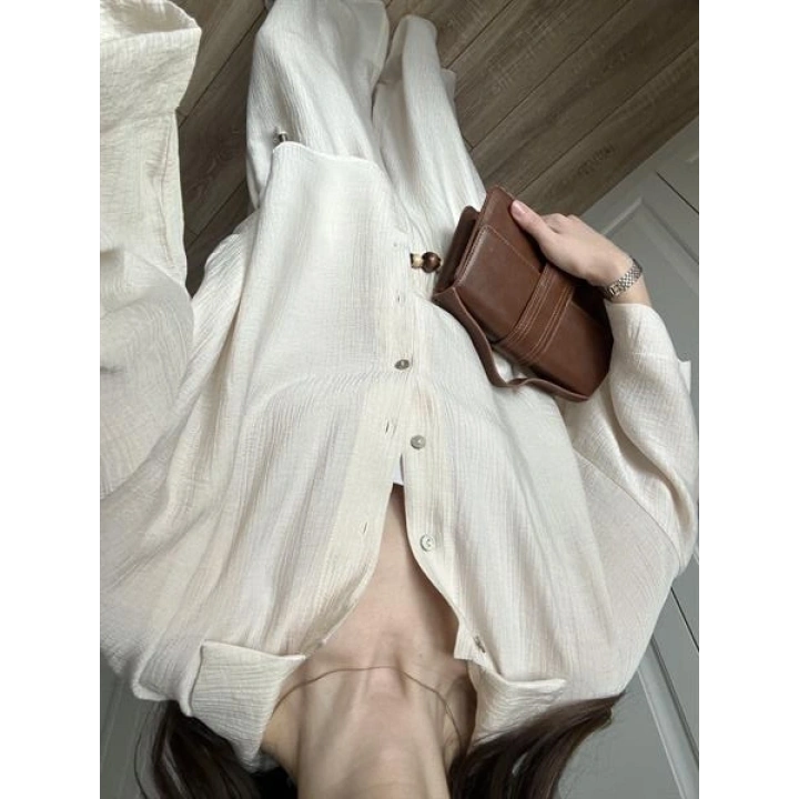 Bohem Kemerli Krinkıl Krem Oversize Takım