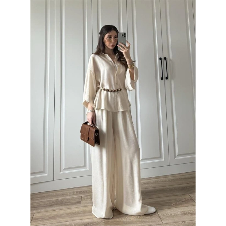 Bohem Kemerli Krinkıl Krem Oversize Takım