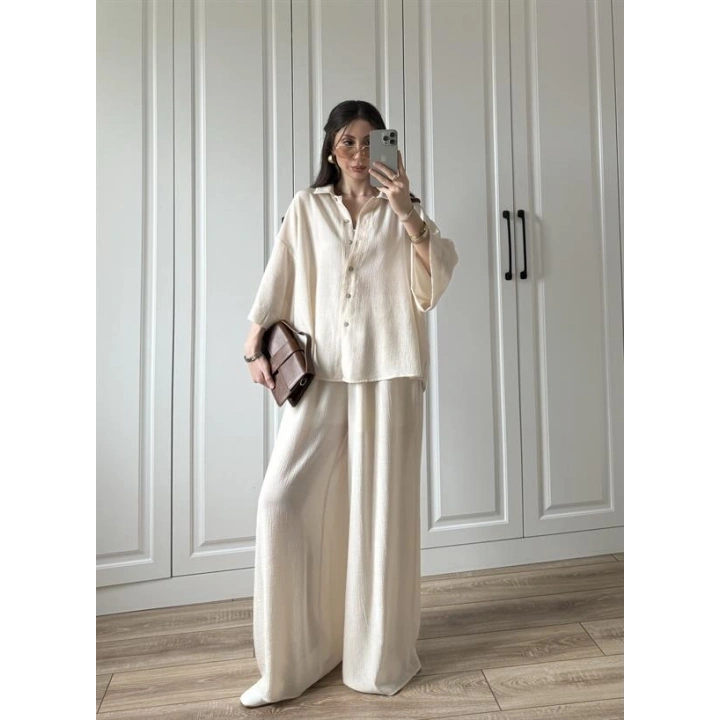 Bohem Kemerli Krinkıl Krem Oversize Takım