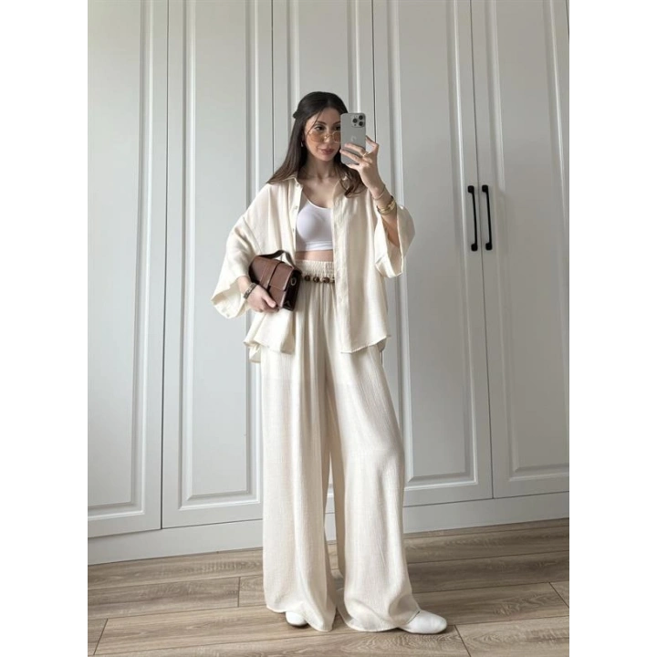 Bohem Kemerli Krinkıl Krem Oversize Takım