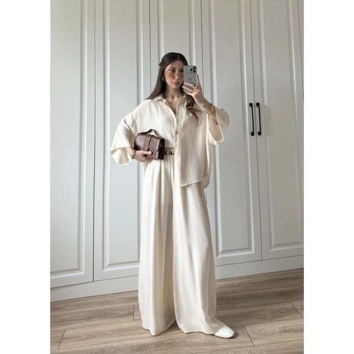 Bohem Kemerli Krinkıl Krem Oversize Takım