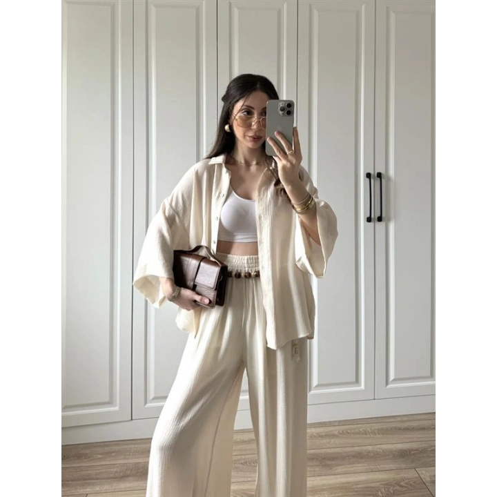 Bohem Kemerli Krinkıl Krem Oversize Takım