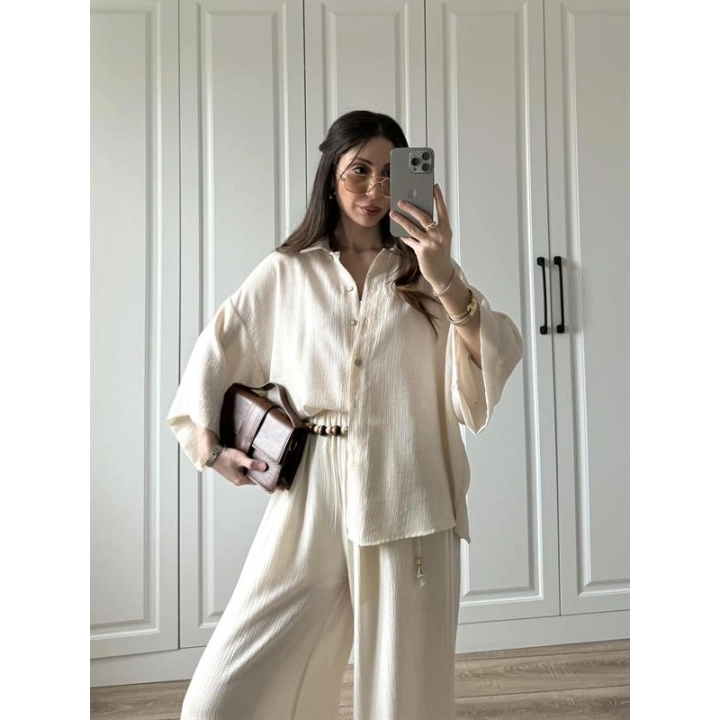 Bohem Kemerli Krinkıl Krem Oversize Takım