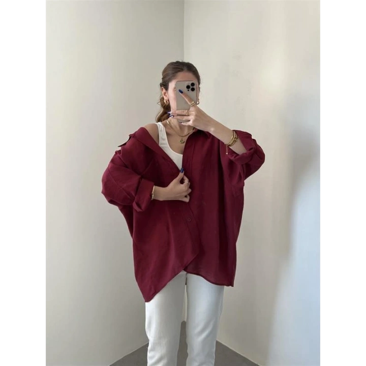 Bordo Oversize Tensel Gömlek