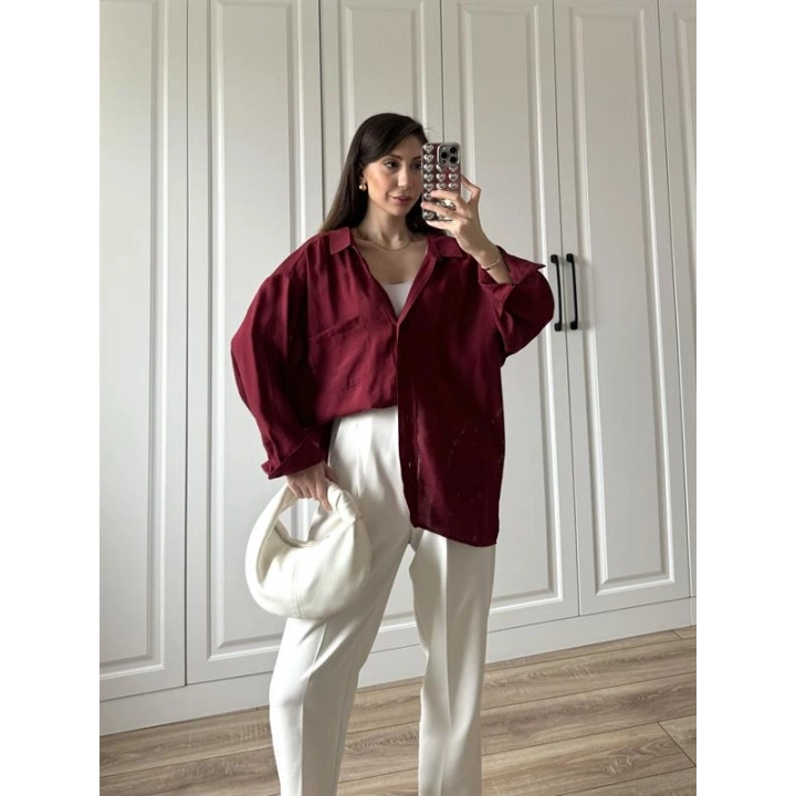 Bordo Oversize Tensel Gömlek