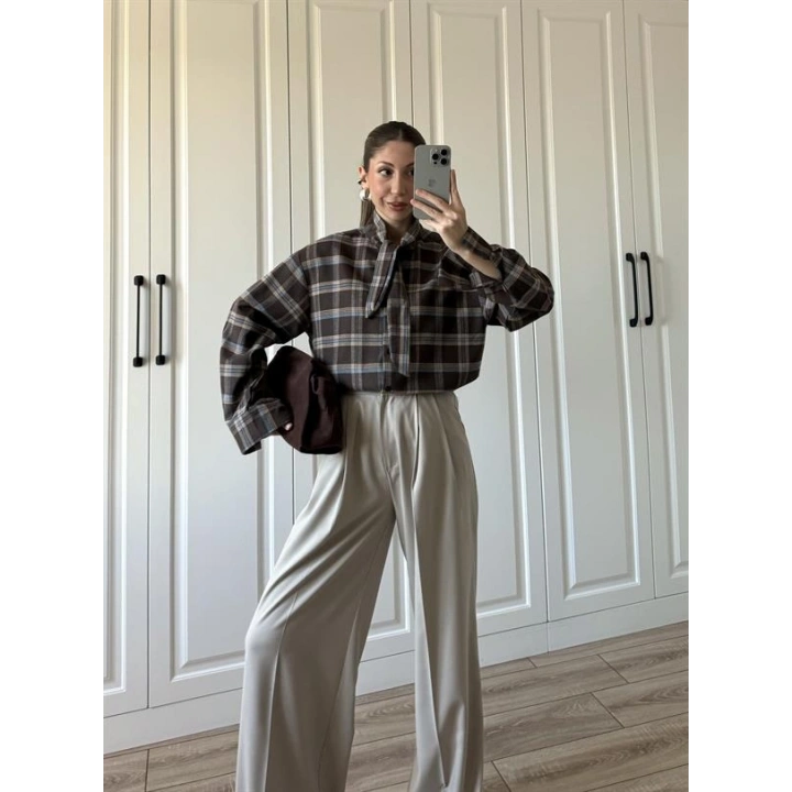 Boyundan Bağlamalı Tasarım Ekose Kahve Gömlek