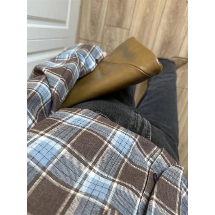 Boyundan Bağlamalı Tasarım Ekose Mavi Gömlek