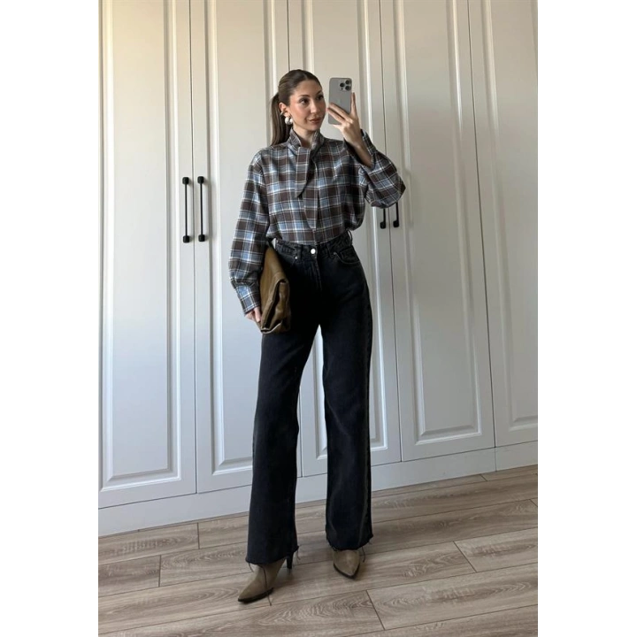 Boyundan Bağlamalı Tasarım Ekose Mavi Gömlek