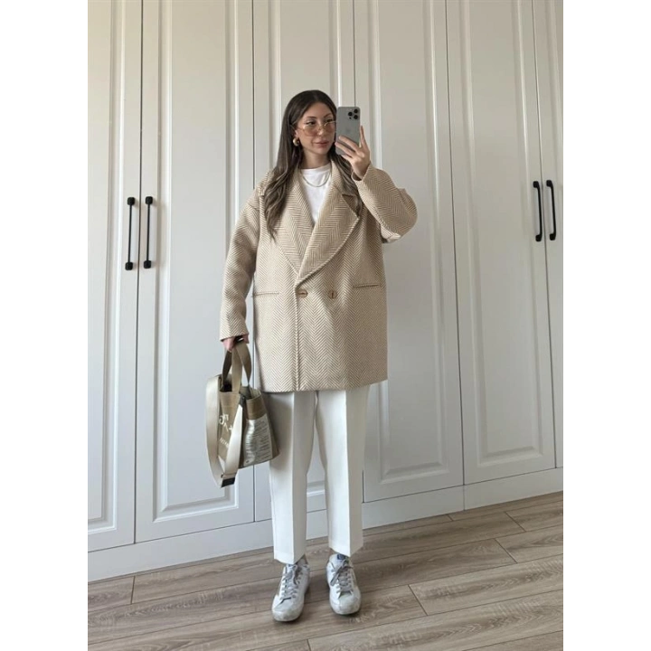 Camel Balıksırtı Desenli Kaşe Kaban