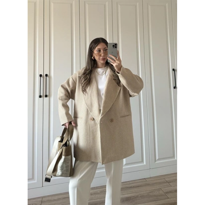 Camel Balıksırtı Desenli Kaşe Kaban