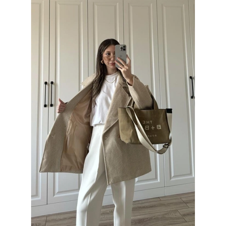 Camel Balıksırtı Desenli Kaşe Kaban