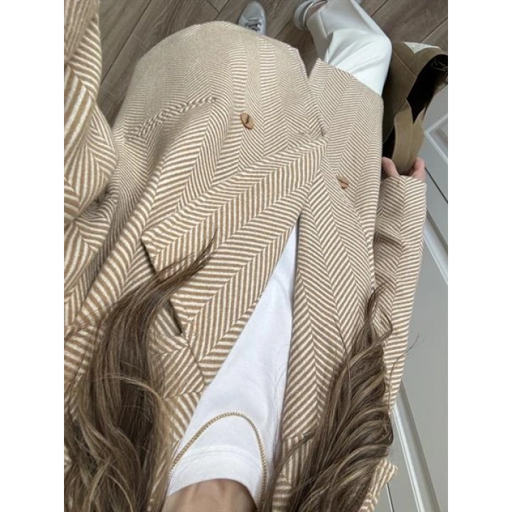 Camel Balıksırtı Desenli Kaşe Kaban