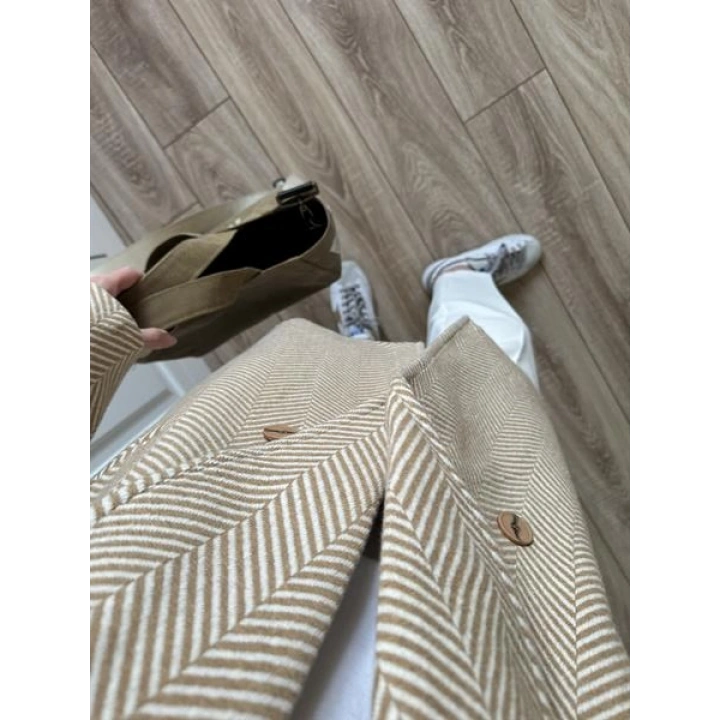 Camel Balıksırtı Desenli Kaşe Kaban