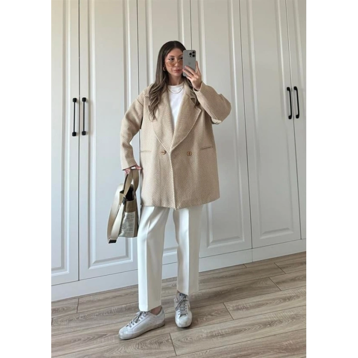 Camel Balıksırtı Desenli Kaşe Kaban