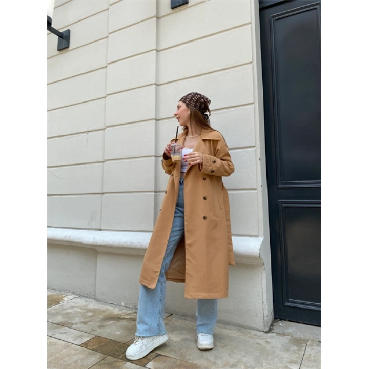 Camel Bershka Model Premium Oversize Trençkot