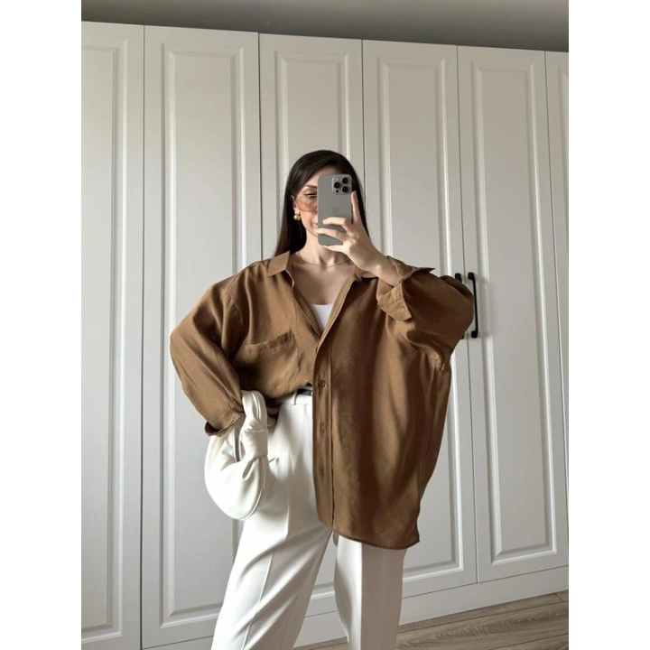 Camel Oversize Tensel Gömlek