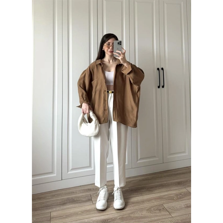 Camel Oversize Tensel Gömlek