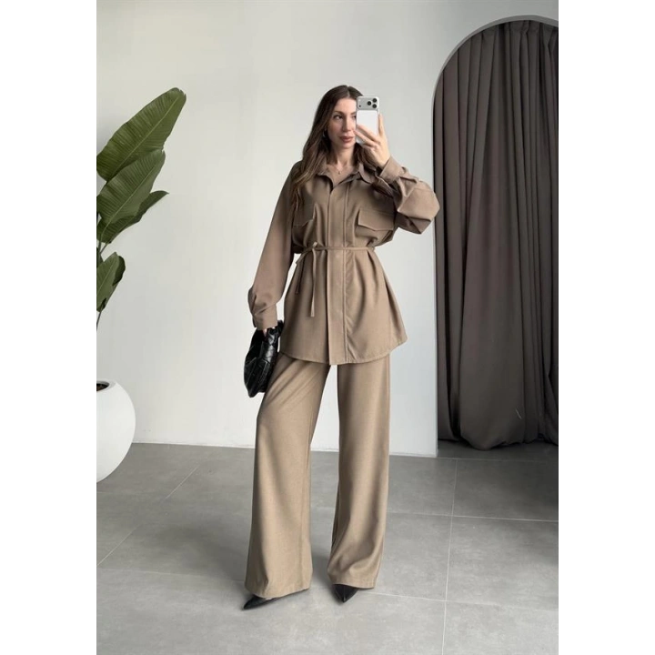 Cepli Premium Kuşaklı Haki Gömlek Takım