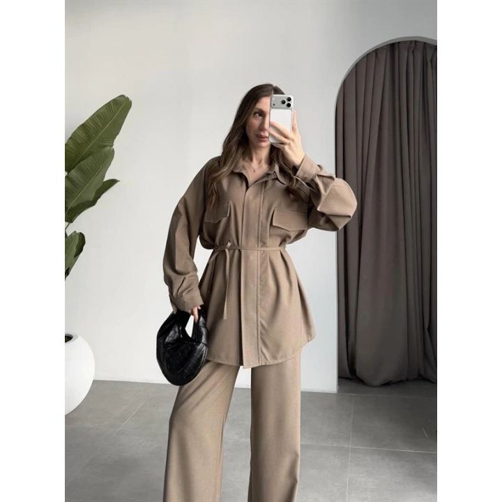 Cepli Premium Kuşaklı Haki Gömlek Takım