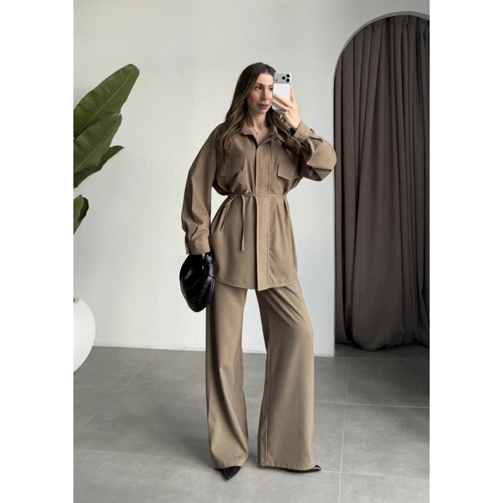 Cepli Premium Kuşaklı Haki Gömlek Takım