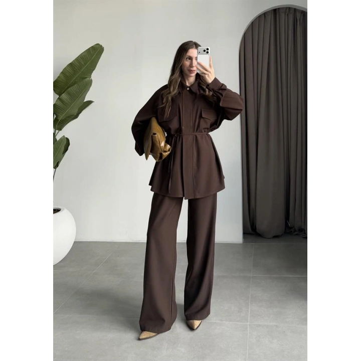 Cepli Premium Kuşaklı Kahve Gömlek Takım