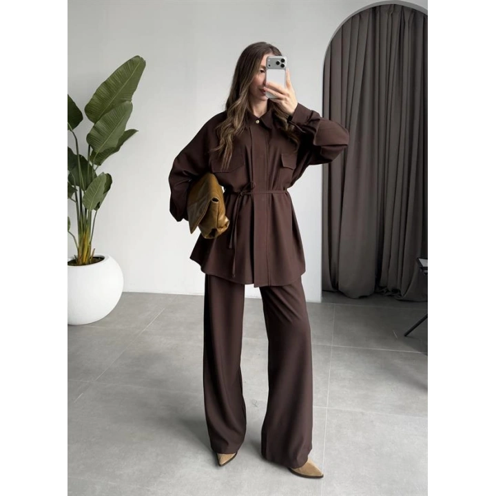 Cepli Premium Kuşaklı Kahve Gömlek Takım