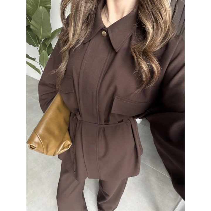 Cepli Premium Kuşaklı Kahve Gömlek Takım