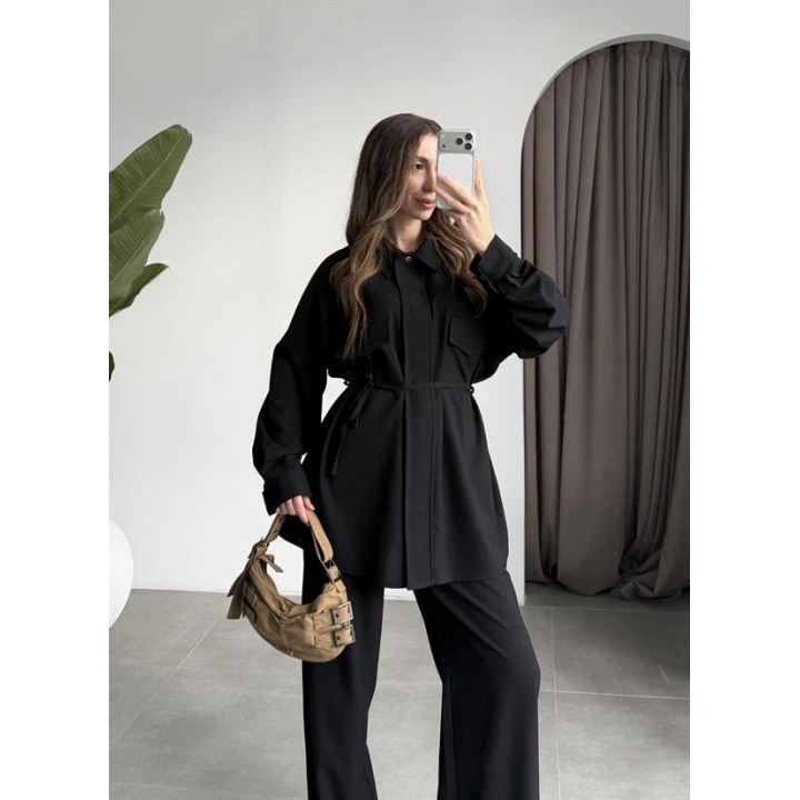 Cepli Premium Kuşaklı Siyah Gömlek Takım