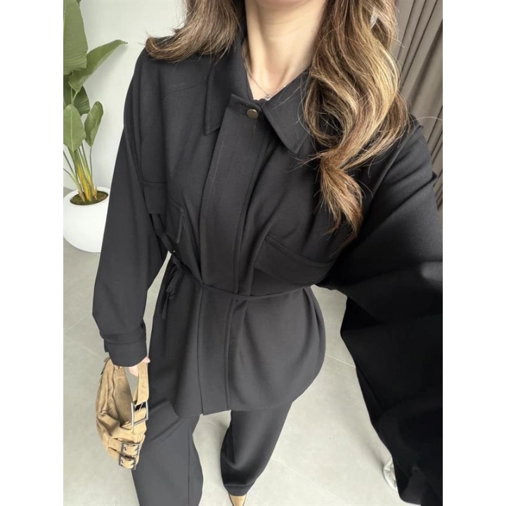 Cepli Premium Kuşaklı Siyah Gömlek Takım