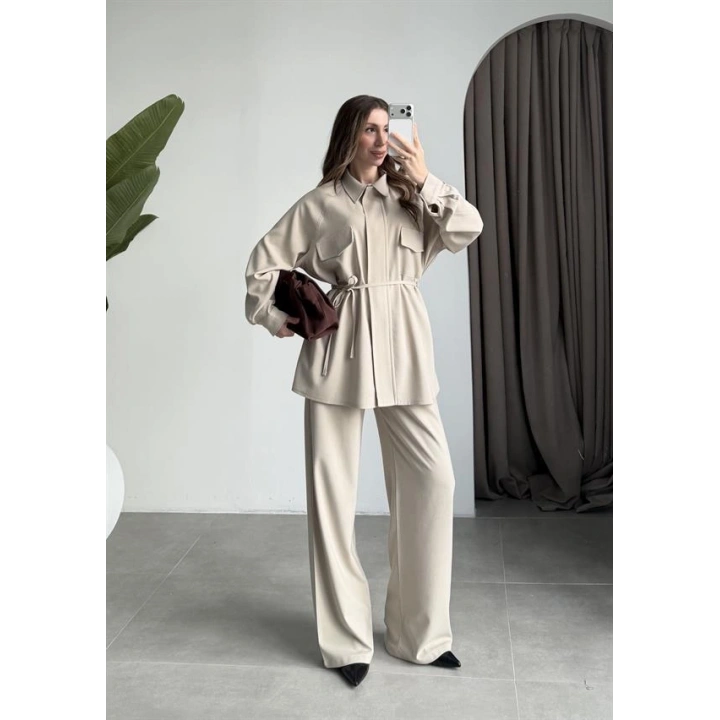 Cepli Premium Kuşaklı Taş Gömlek Takım