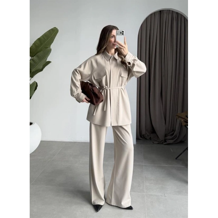 Cepli Premium Kuşaklı Taş Gömlek Takım