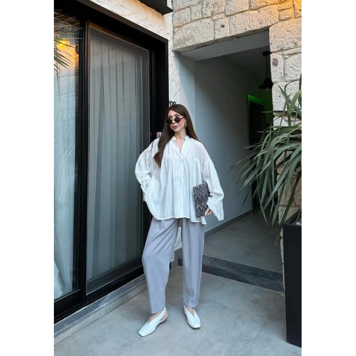 Çift Pensli Basic Tensel Gri Pantolon