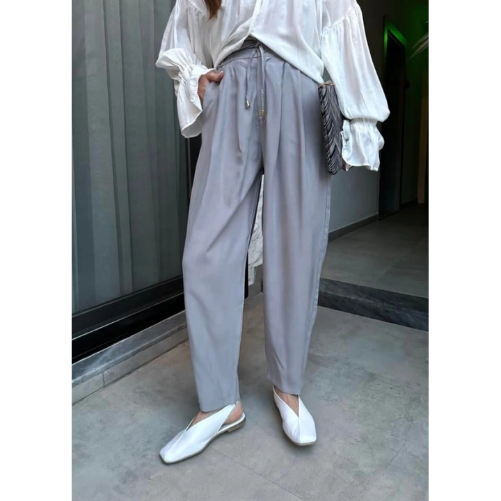 Çift Pensli Basic Tensel Gri Pantolon