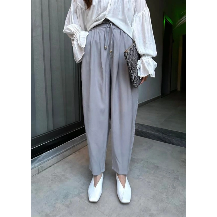 Çift Pensli Basic Tensel Gri Pantolon