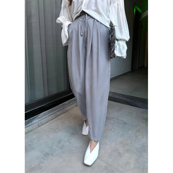 Çift Pensli Basic Tensel Gri Pantolon