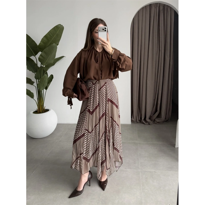 Çizgili Asimetrik Kahve Şifon Etek