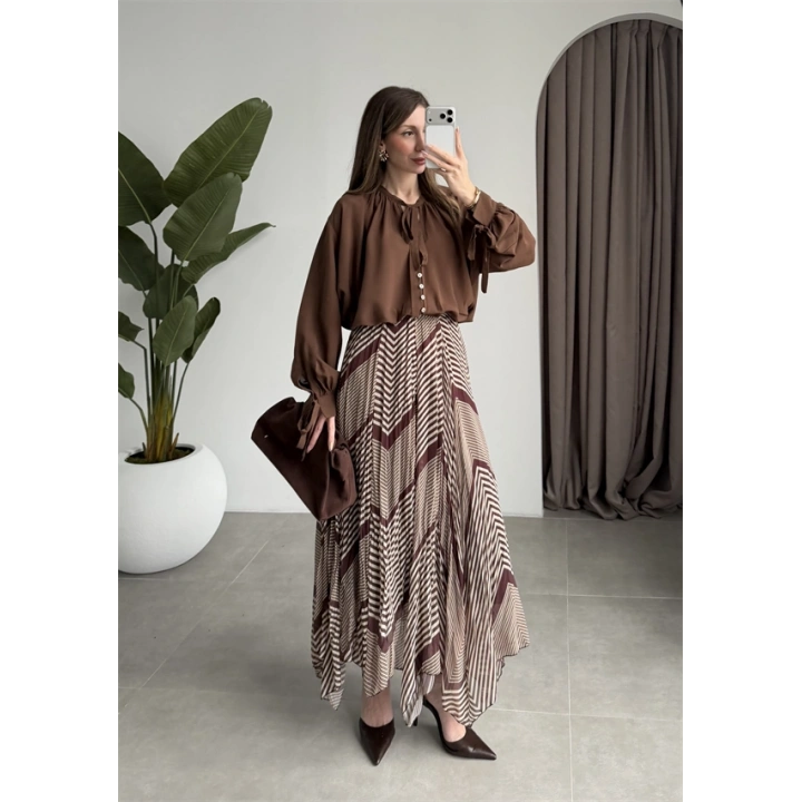 Çizgili Asimetrik Kahve Şifon Etek