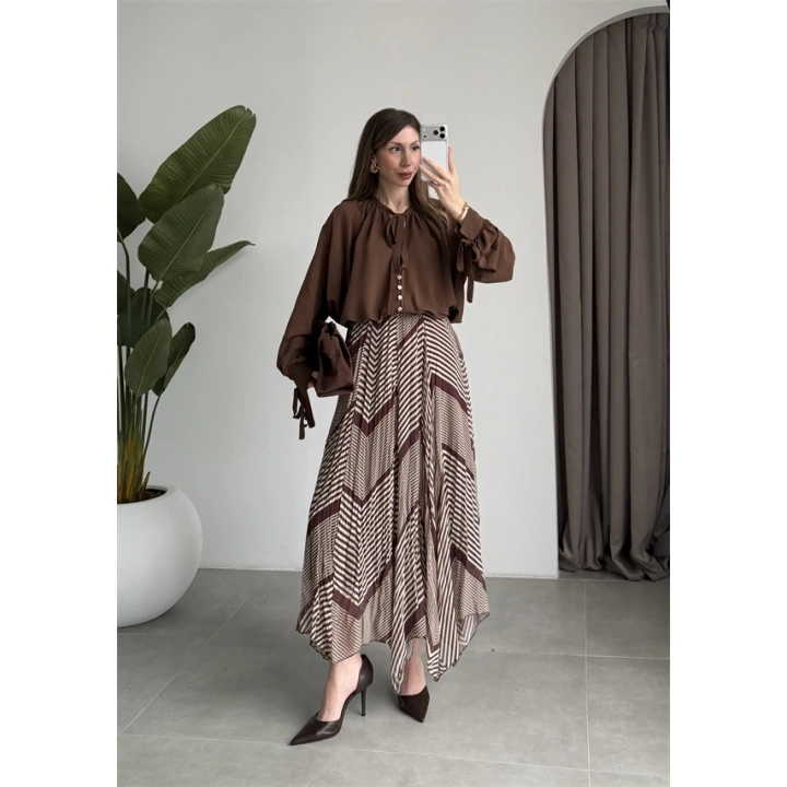 Çizgili Asimetrik Kahve Şifon Etek