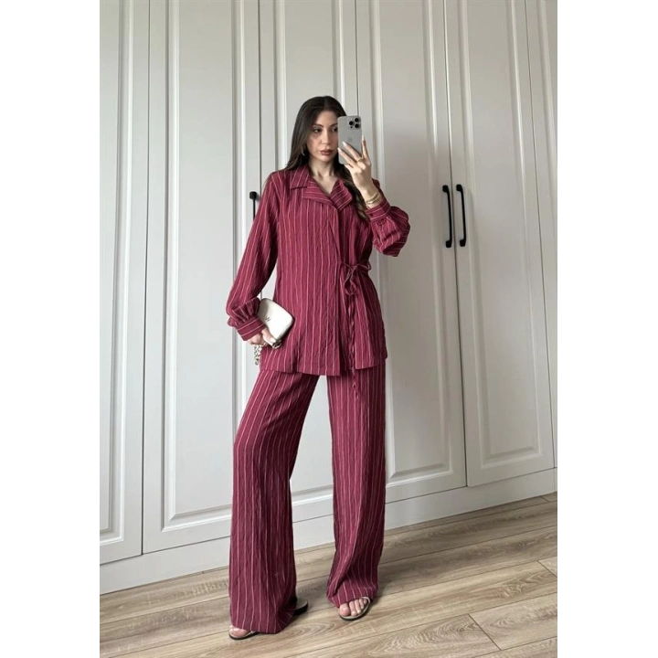 Çizgili Tensel Yandan Bağlamalı Bordo Kimono Takım