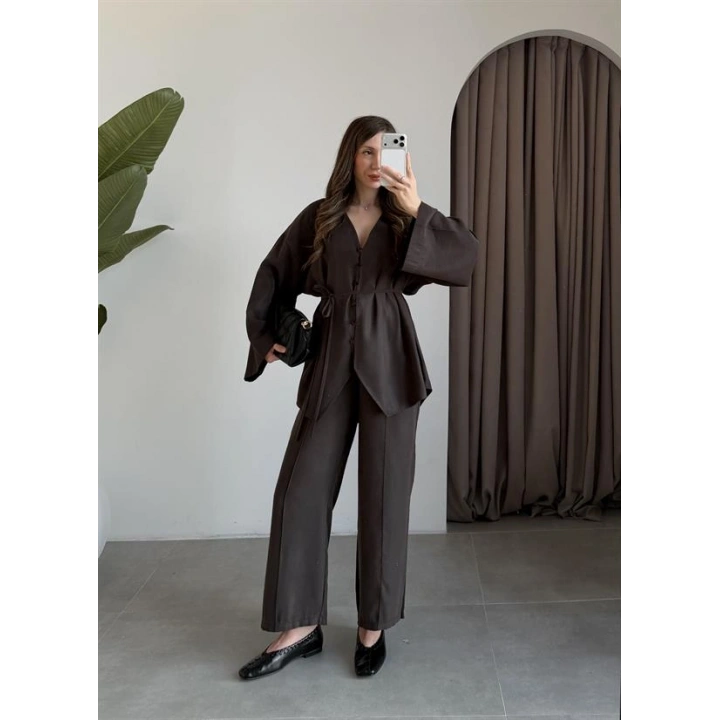 Deran Modal Kumaş Acı Kahve Kuşaklı Takım