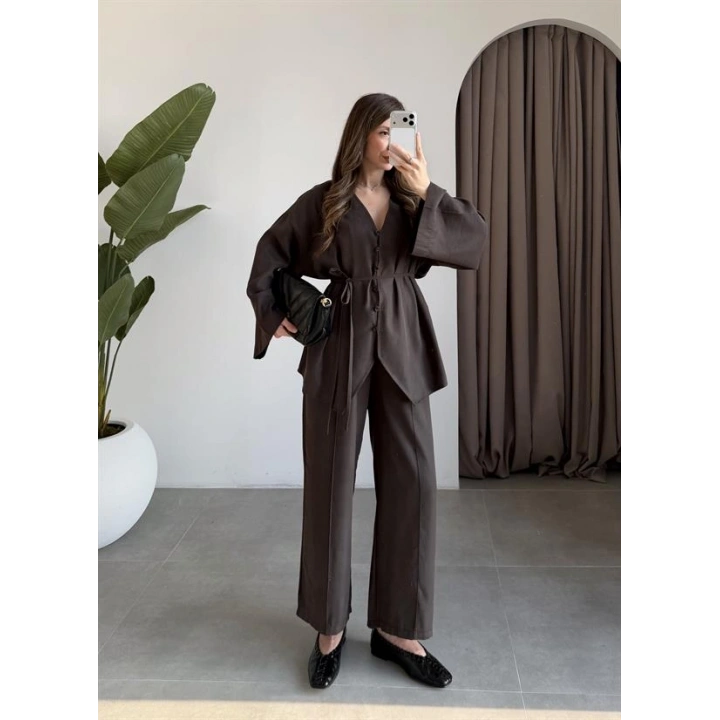 Deran Modal Kumaş Acı Kahve Kuşaklı Takım