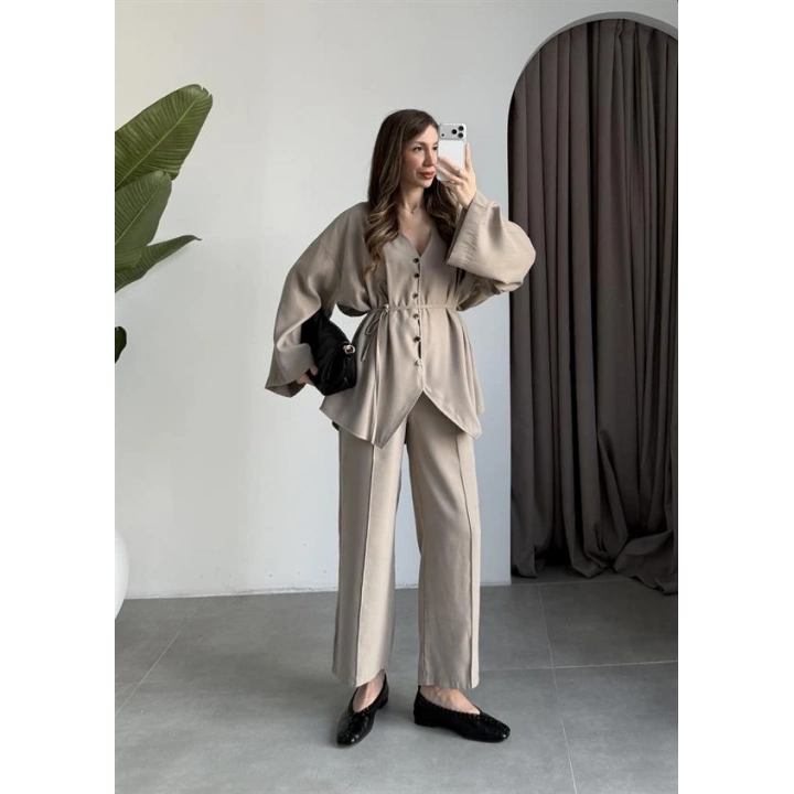 Deran Modal Kumaş Vizon Kuşaklı Takım