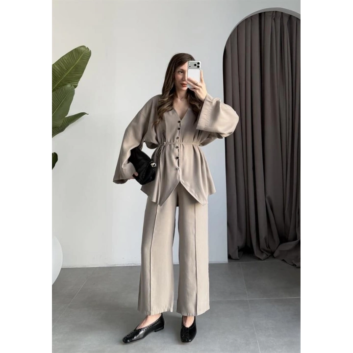 Deran Modal Kumaş Vizon Kuşaklı Takım