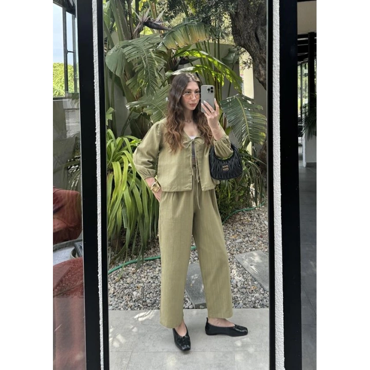 Diana Önü Bağlamalı Kısa Keten Haki Kimono Takım