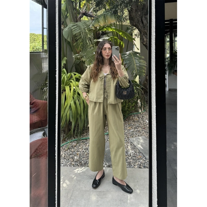 Diana Önü Bağlamalı Kısa Keten Haki Kimono Takım