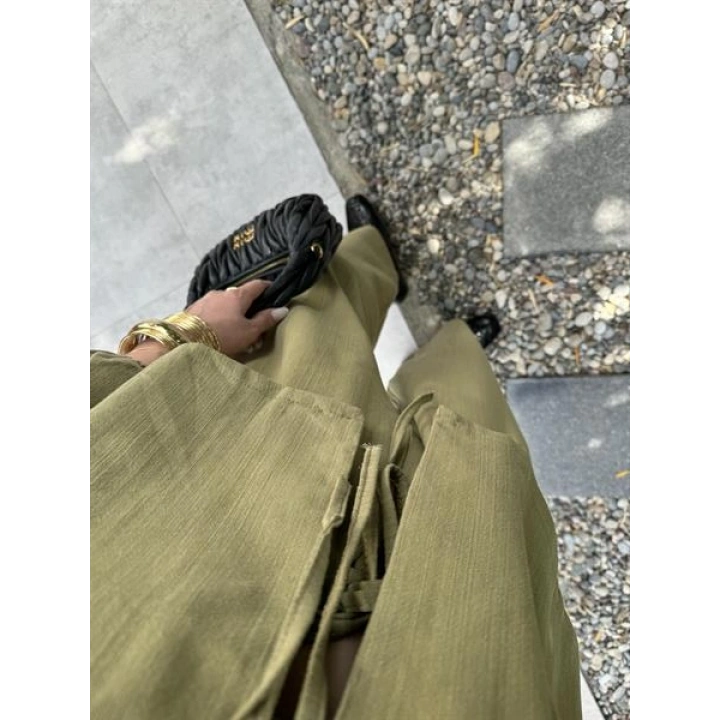 Diana Önü Bağlamalı Kısa Keten Haki Kimono Takım