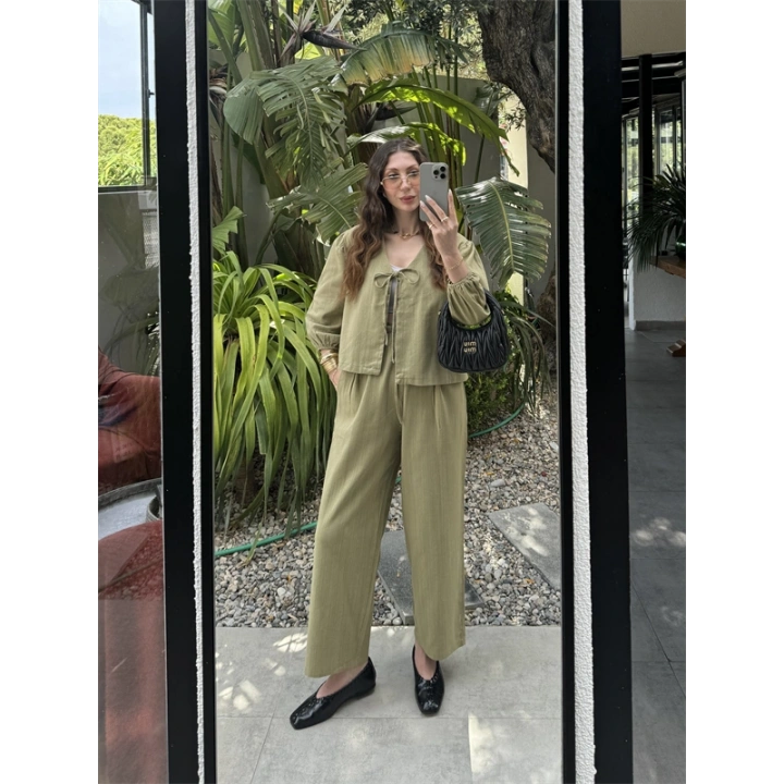 Diana Önü Bağlamalı Kısa Keten Haki Kimono Takım