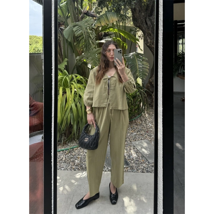 Diana Önü Bağlamalı Kısa Keten Haki Kimono Takım